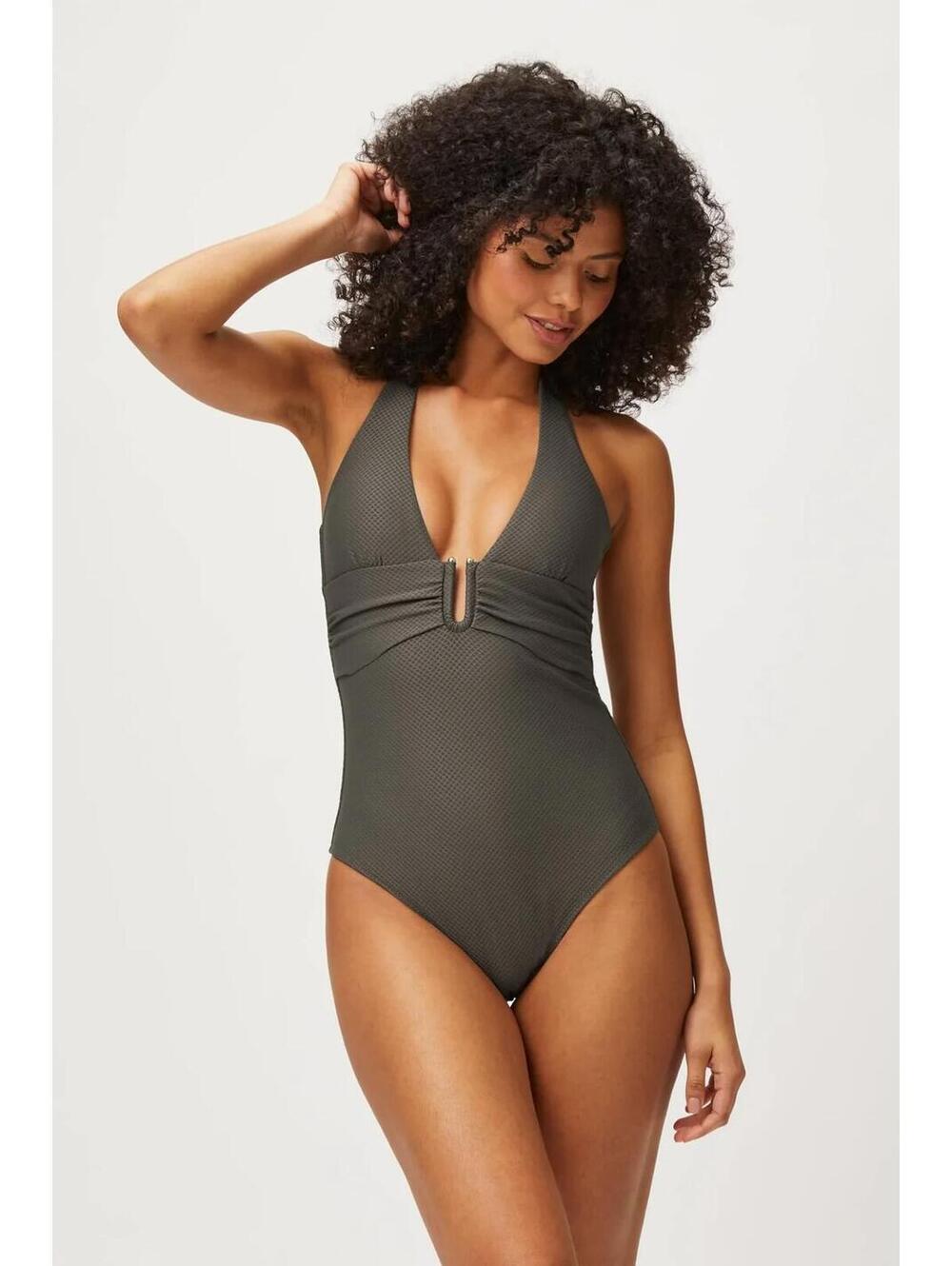 Heidi Klein U-Bar Halterneck One-Piece Swimsuit in Olive color
